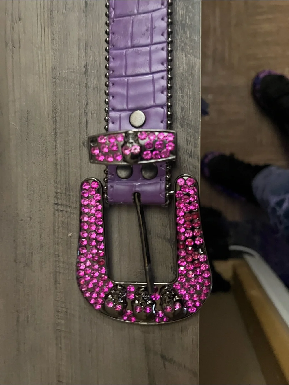 B.B. Simon Purple Leather Belt with Pink Crystal Studs and Skull Accent
